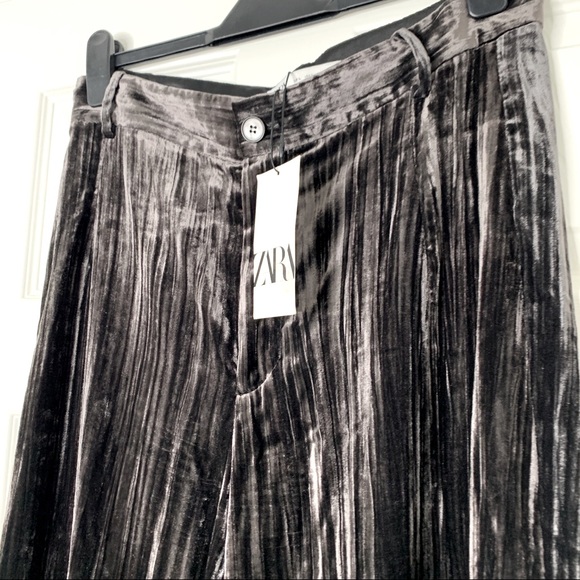 Zara Grey Crushed Velvet High-Waisted Straight Leg Trousers - Picture 11 of 14